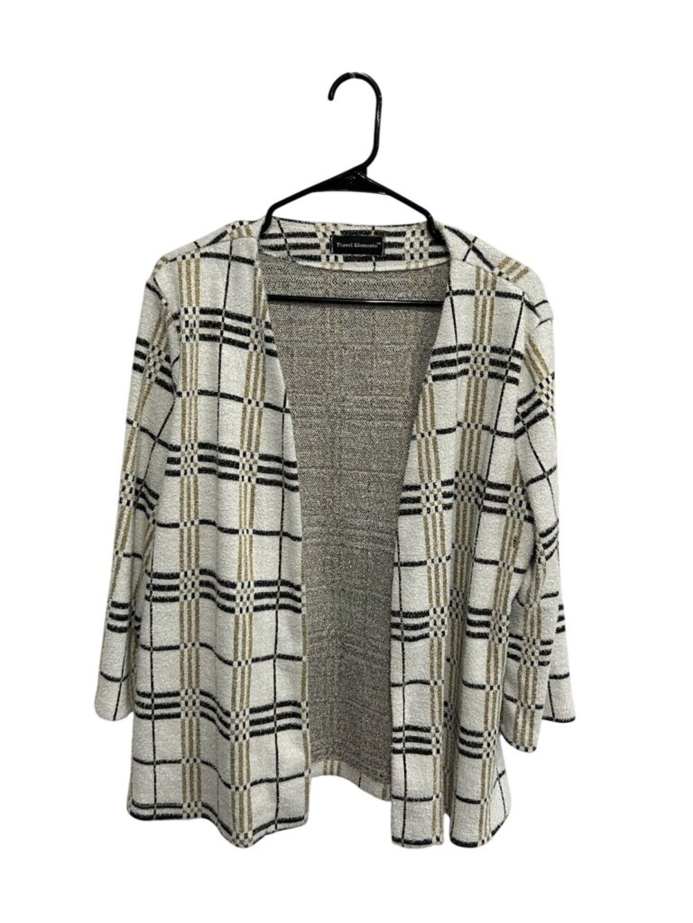 Travel Elements XL Plaid Open-Front Cardigan Sweater Beige Black Cozycore Retro